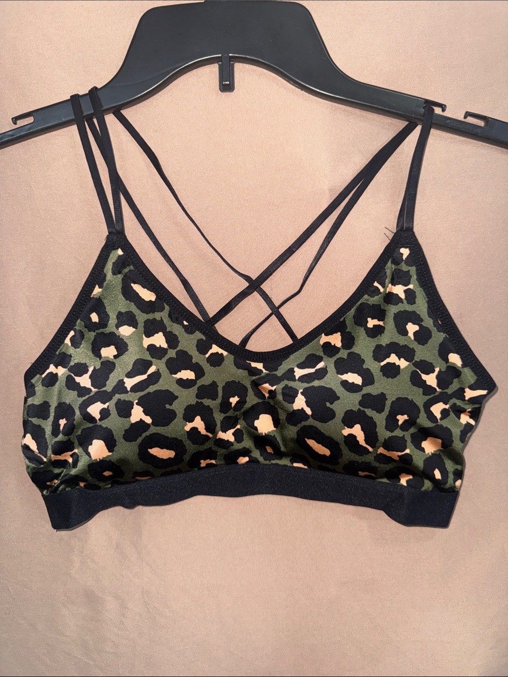 NWT Jady K Women’s S/M Leopard Print Strappy Bralette - Olive/Black